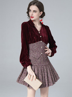 V-neck Long Sleeve Velvet Blouse & Mini Pleated Skirt