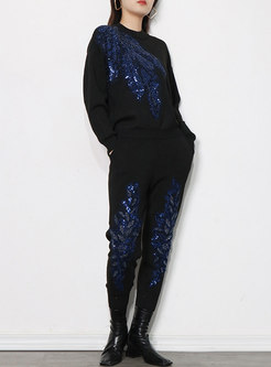 Casual Crew Neck Long Sleeve Sequin Sweater Pant Suits
