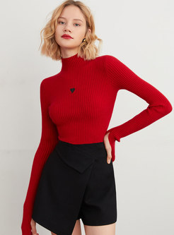 Turtleneck Pullover Ribbed Embroidered Slim Sweater