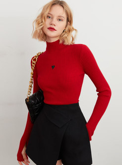 Turtleneck Pullover Ribbed Embroidered Slim Sweater