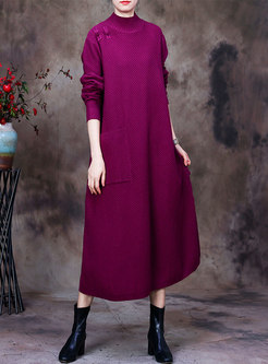 Retro Solid Long Sleeve Plus Size Sweater Dress
