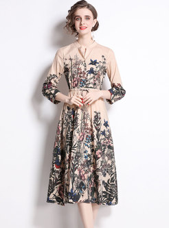 V-neck Long Sleeve Print Drawstring Midi Dress