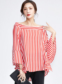 Off-the-shoulder Striped Pullover Chiffon Blouse