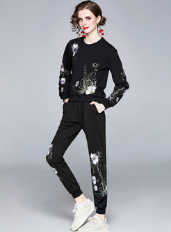 Casual Crew Neck Embroidered Sweatpants Suits
