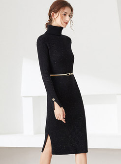 Turtleneck Long Sleeve Black Sweater Dress
