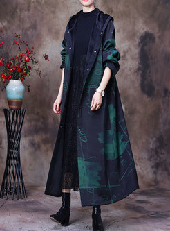 Hooded Print Plus Size Straight Long Coat