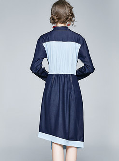 Color-blocked Long Sleeve Asymmetric Denim Dress