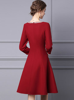 Red Long Sleeve Pearl A Line Cocktail Dress
