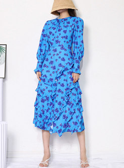Long Sleeve Print Ruffle Boho Maxi Dress