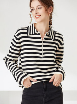 Turn-down Collar Striped Pullover Loose Sweater