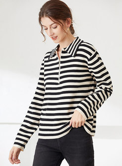 Turn-down Collar Striped Pullover Loose Sweater