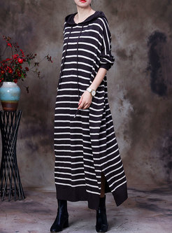 Plus Size Hooded Striped Long Wool Sweater Dress