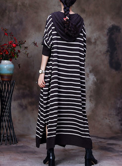 Plus Size Hooded Striped Long Wool Sweater Dress