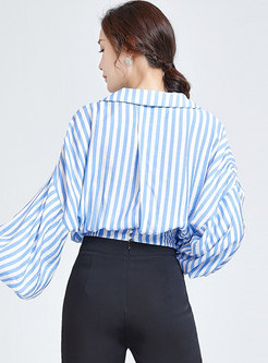 V-neck Puff Sleeve Striped Cropped Blouse