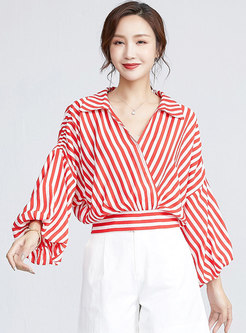 V-neck Puff Sleeve Striped Cropped Blouse