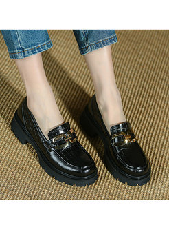 Rounded Toe Block Heel Patent Leather Loafers