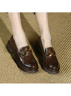 Rounded Toe Block Heel Patent Leather Loafers