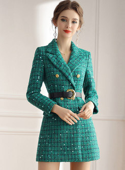 Sequin Plaid Tweed Belted A Line Winter Coat