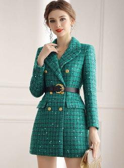Sequin Plaid Tweed Belted A Line Winter Coat