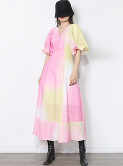 Boho Puff Sleeve Tie-dye Beach Maxi Dress