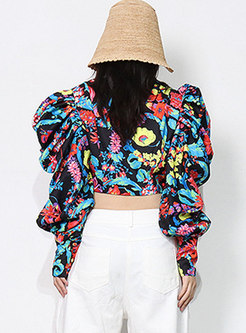 Square Neck Long Sleeve Print Cropped Blouse