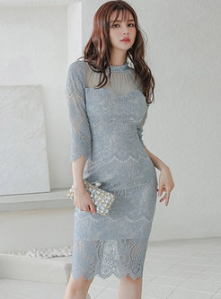 Mock Neck Openwork Sexy Lace Dress