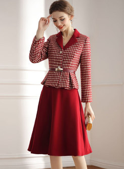 Red Belted Short Blazer & A Line Midi Skirt
