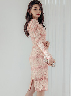 Sexy Long Sleeve Lace Sheer Sheath Dress