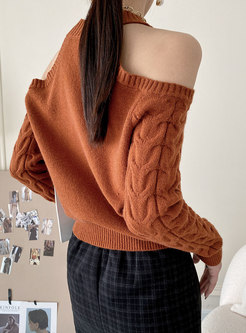 Crew Neck Cold Shoulder Cable-knit Sweater