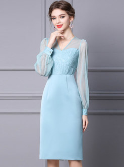 V-neck Long Sleeve Lace Patchwork Sheath Dress