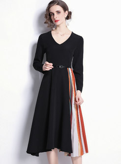 V-neck Long Sleeve Patchwork Pleated Midi Dress