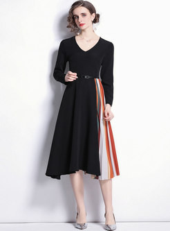 V-neck Long Sleeve Patchwork Pleated Midi Dress