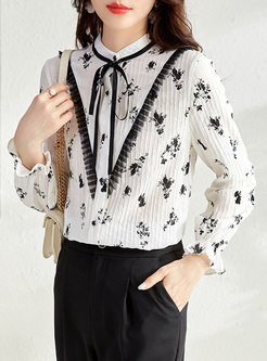 Mock Neck Print Single-breasted Ruched Blouse