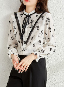 Mock Neck Print Single-breasted Ruched Blouse
