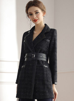 Leather Patchwork Plaid Belted Coat