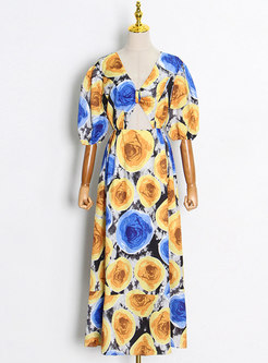 V-neck Half Sleeve Print Boho Maxi Dress
