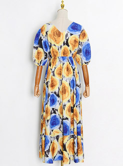 V-neck Half Sleeve Print Boho Maxi Dress