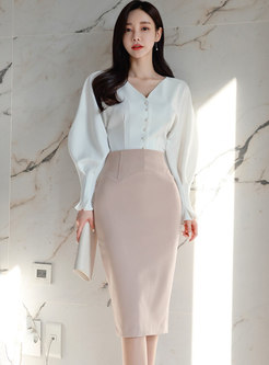 Long Sleeve White Blouse & Sheath Midi Pencil Skirt