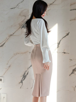 Long Sleeve White Blouse & Sheath Midi Pencil Skirt
