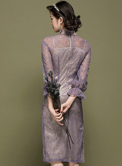 Mandarin Collar Long Sleeve Lace Cheongsam Dress
