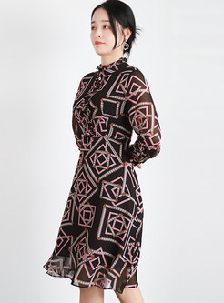 Mock Neck Geometric Print A Line Dress