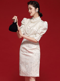 Mandarin Collar Puff Sleeve Sheath Mini Dress