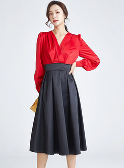 Color-blocked V-neck Patchwork Midi Dress