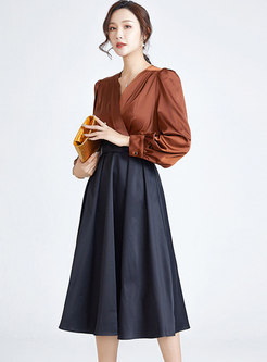 Color-blocked V-neck Patchwork Midi Dress
