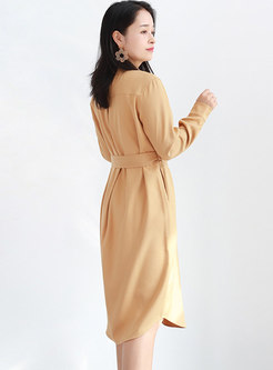 Casual Mock Neck Long Sleeve Belted Dress