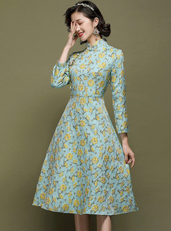Long Sleeve Jacquard Improved Cheongsam Dress