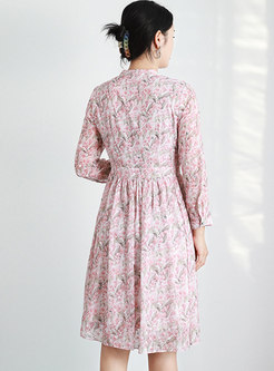 V-neck Long Sleeve Print High Waisted Pleated Dress
