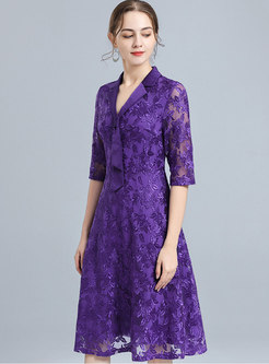 Half Sleeve Lace Embroidered Midi Dress