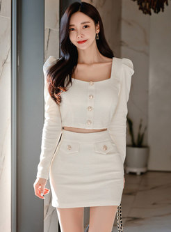 Square Neck Long Sleeve Mini Bodycon Skirt Suits