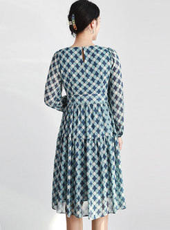 V-neck Long Sleeve Geometric Print A Line Dress